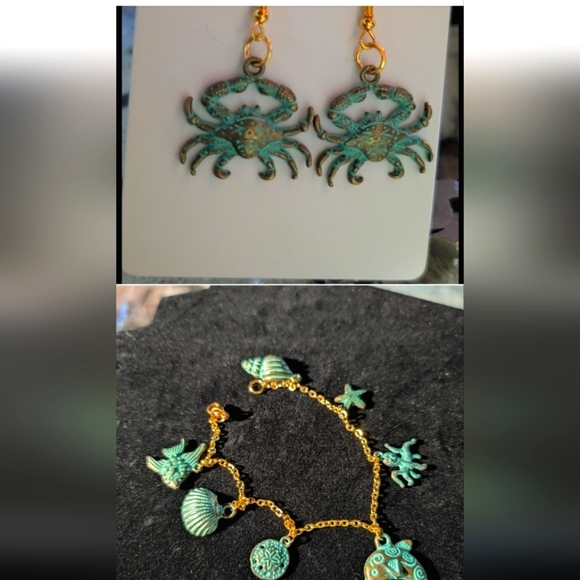 Handmade Jewelry - 2 PC set! Bracelet/ Anklet 8.75 Inch & Earring Set Crabs